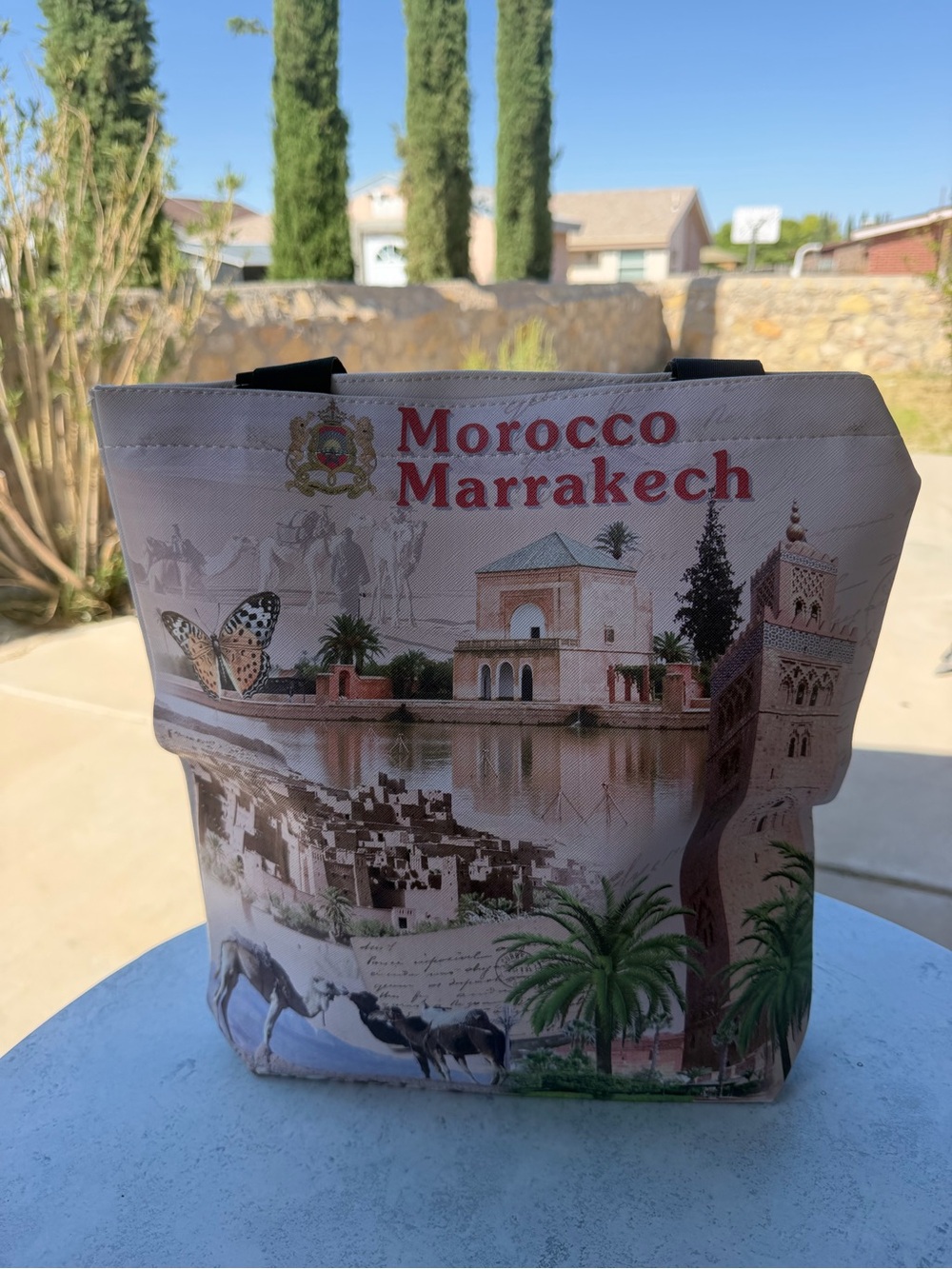 Morocco Marrakech Printed Canvas Tote Bag - Beige & Brown